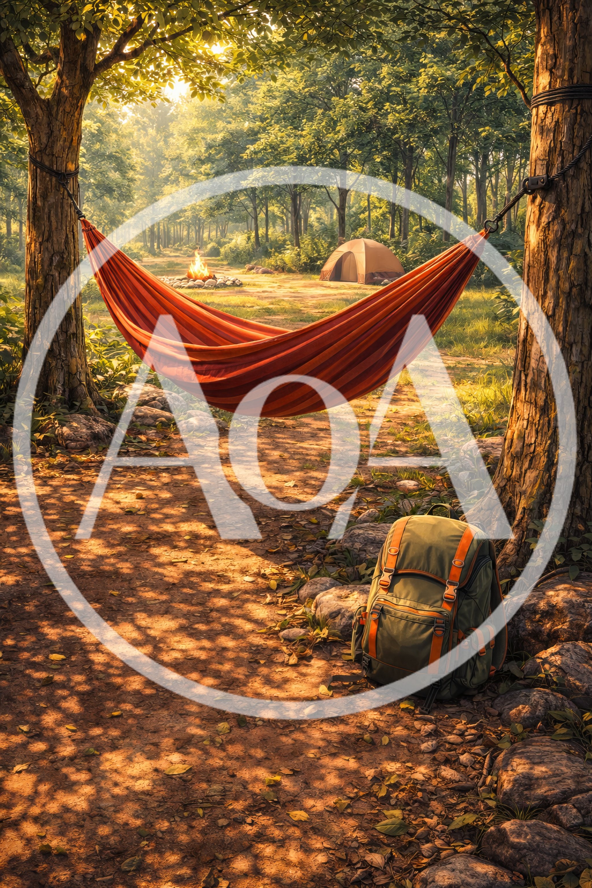 Camping Scene With Hammock And Backpack In Forest