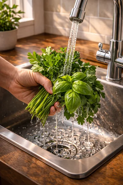Hand Washing Fresh Herbs Under Kitchen Faucet