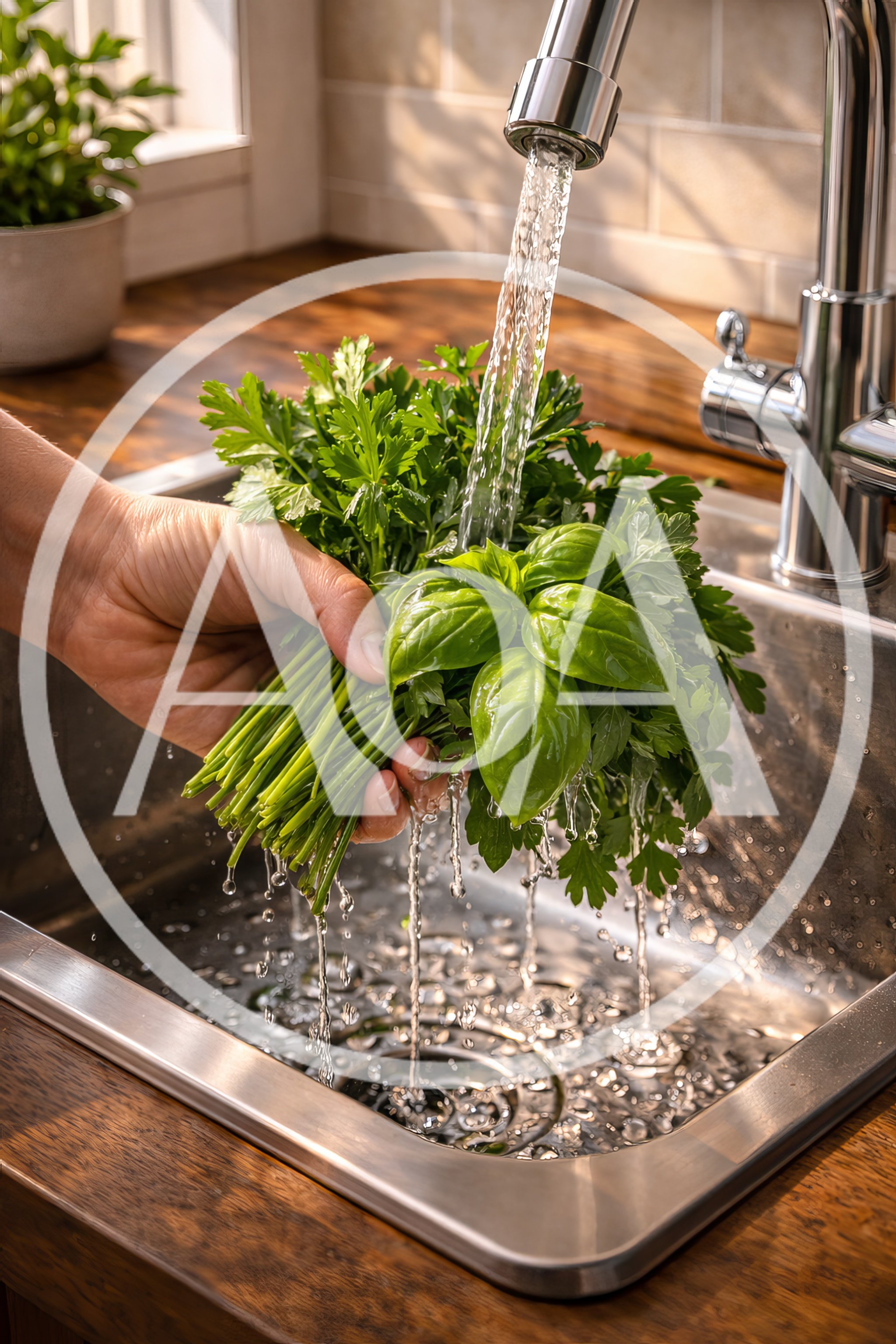 Hand Washing Fresh Herbs Under Kitchen Faucet