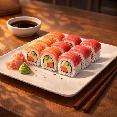 Fresh Sushi Rolls Platter With Wasabi And Ginger