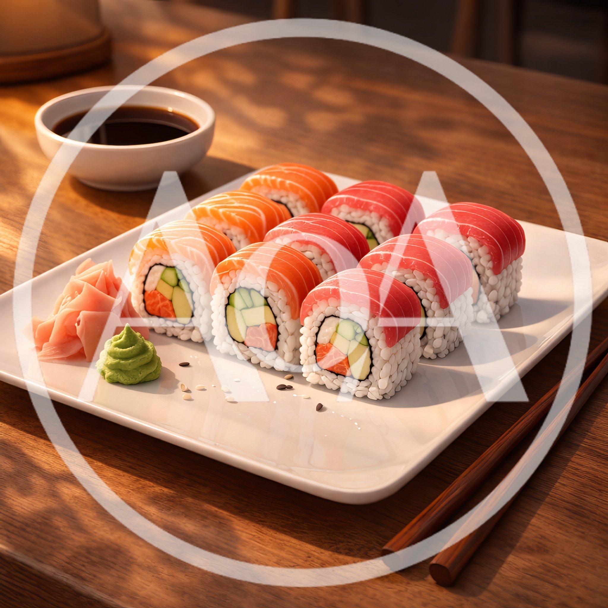 Fresh Sushi Rolls Platter With Wasabi And Ginger