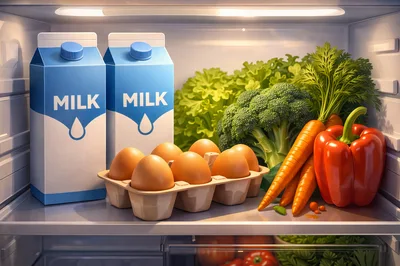 Fresh Groceries Inside A Refrigerator Shelf