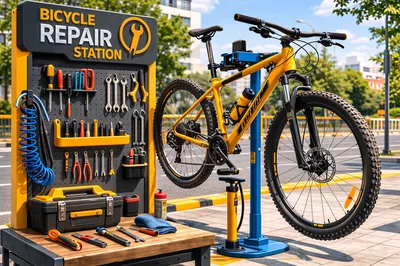 Public Bicycle Repair Station With Tools And Mountain Bike
