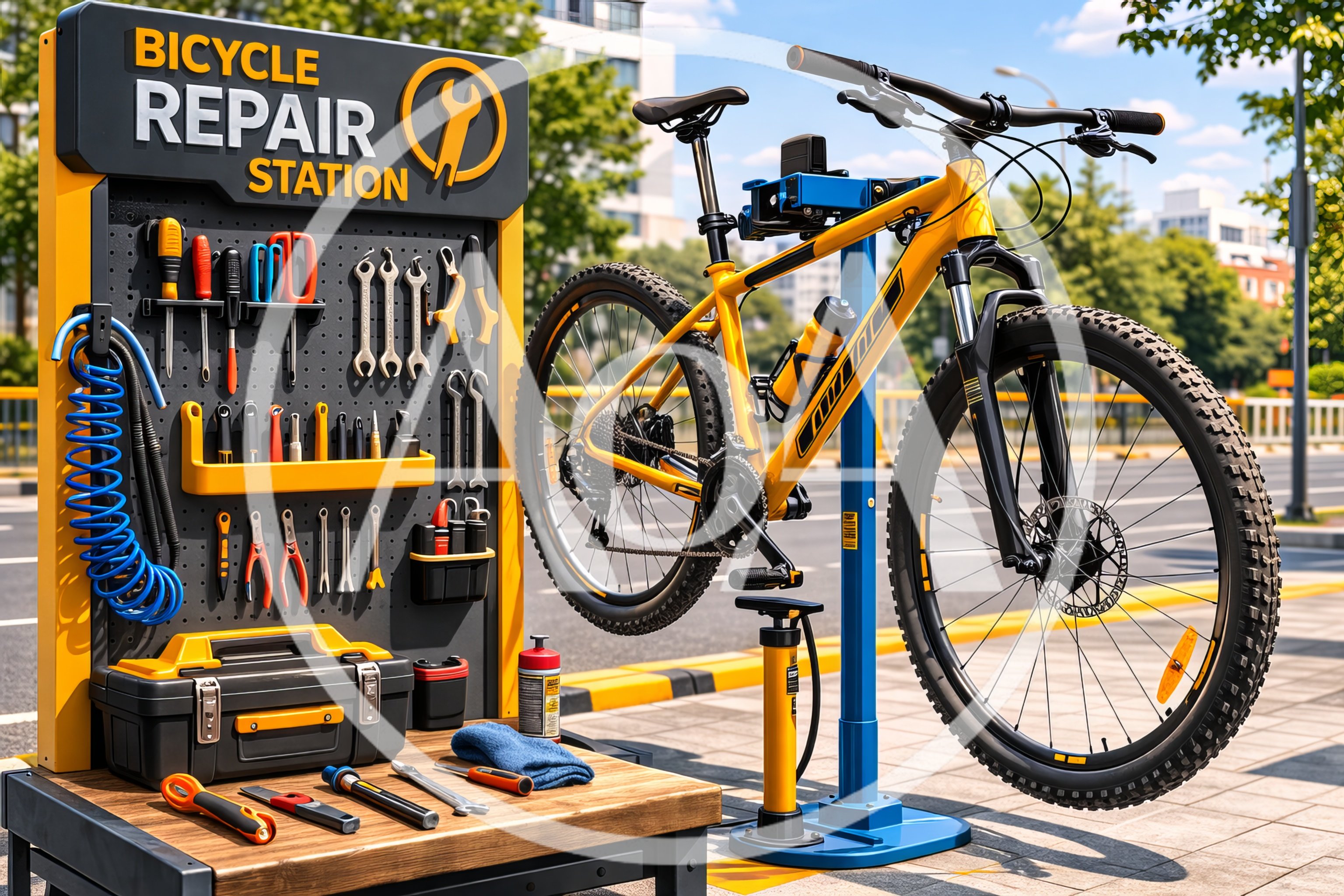 Public Bicycle Repair Station With Tools And Mountain Bike