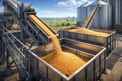 Industrial Grain Conveyor Loading Harvested Corn Into Metal Bins