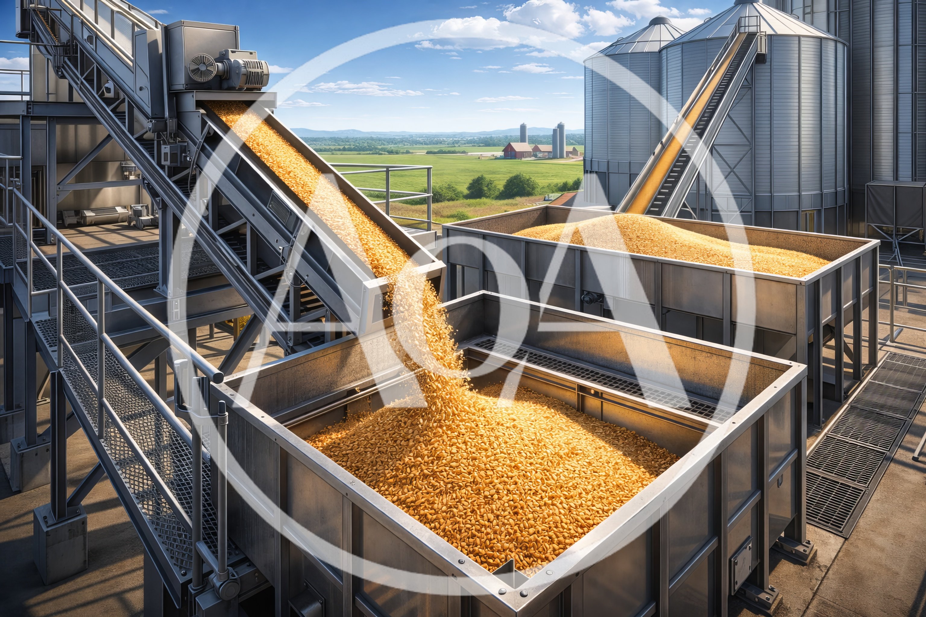 Industrial Grain Conveyor Loading Harvested Corn Into Metal Bins