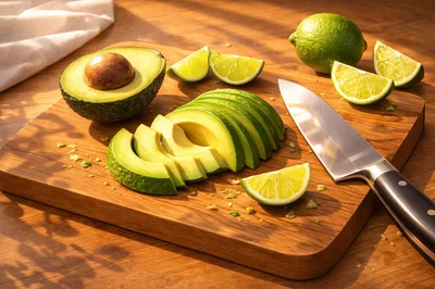 Fresh Avocado And Lime Slices On Wooden Cutting Board