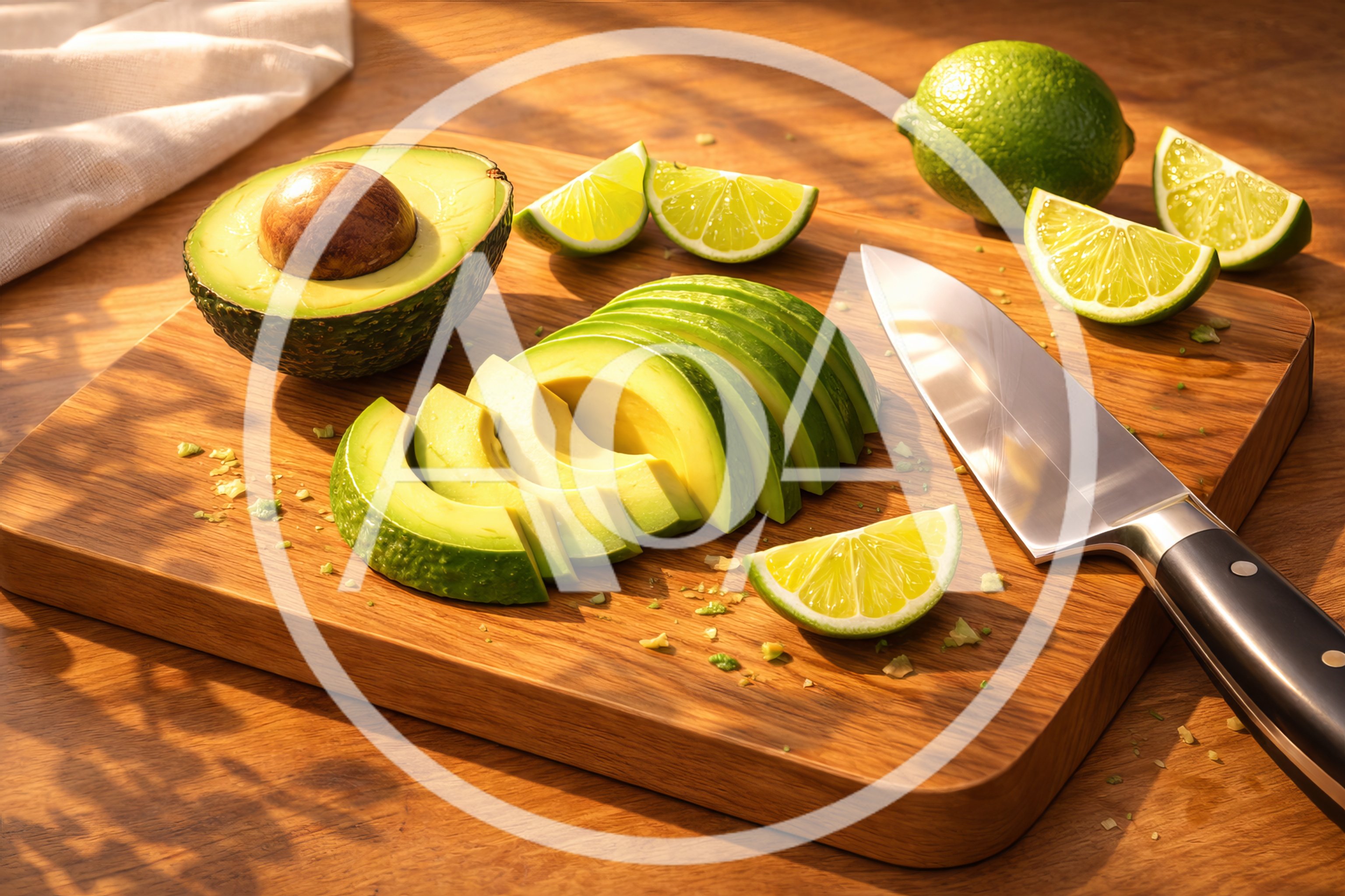 Fresh Avocado And Lime Slices On Wooden Cutting Board