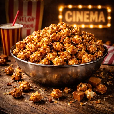Bowl Of Caramel Popcorn On A Rustic Wooden Table