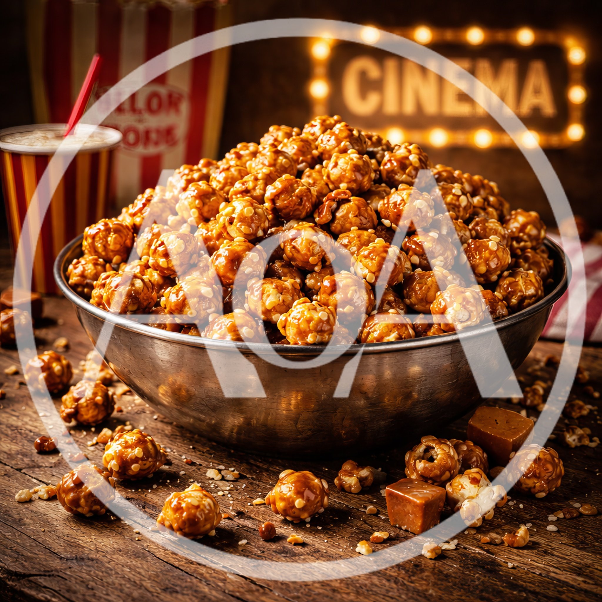 Bowl Of Caramel Popcorn On A Rustic Wooden Table