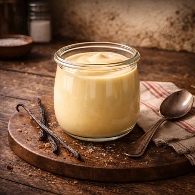 Glass Jar Of Vanilla Pudding On Wooden Board
