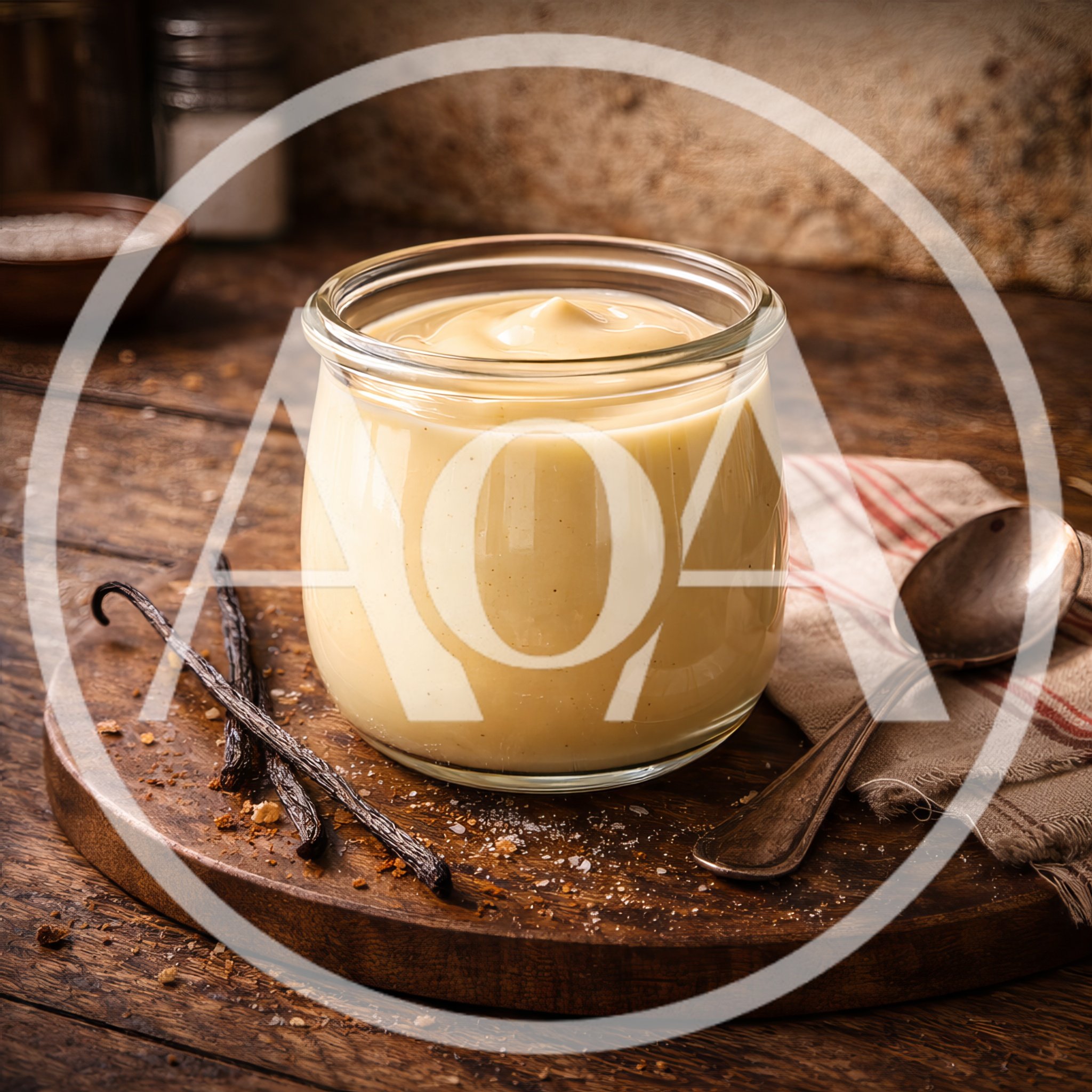 Glass Jar Of Vanilla Pudding On Wooden Board