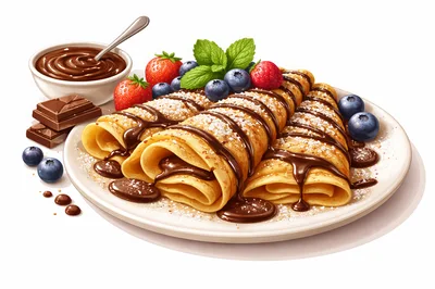 Delicious Rolled Crepes With Chocolate Sauce And Berries