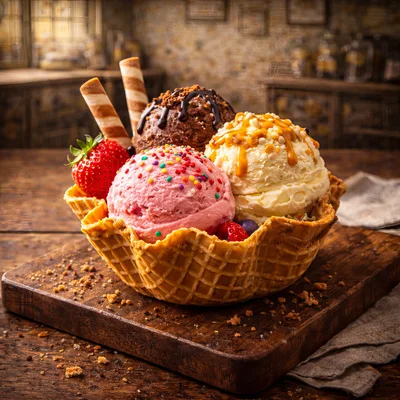 Gourmet Ice Cream Sundae in Waffle Bowl