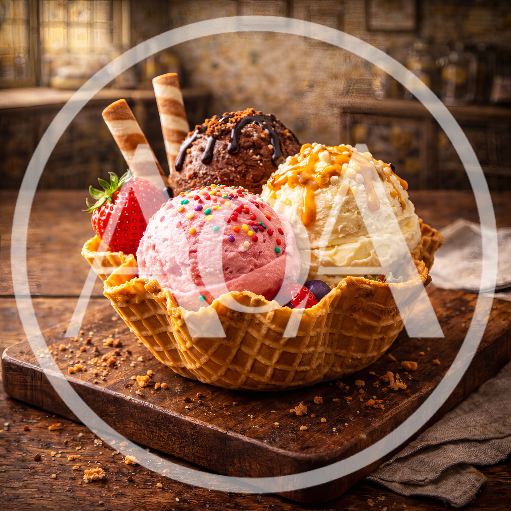 Gourmet Ice Cream Sundae in Waffle Bowl