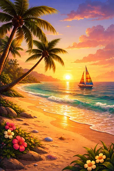 Tropical Beach Sunset With Sailboat And Palm Trees
