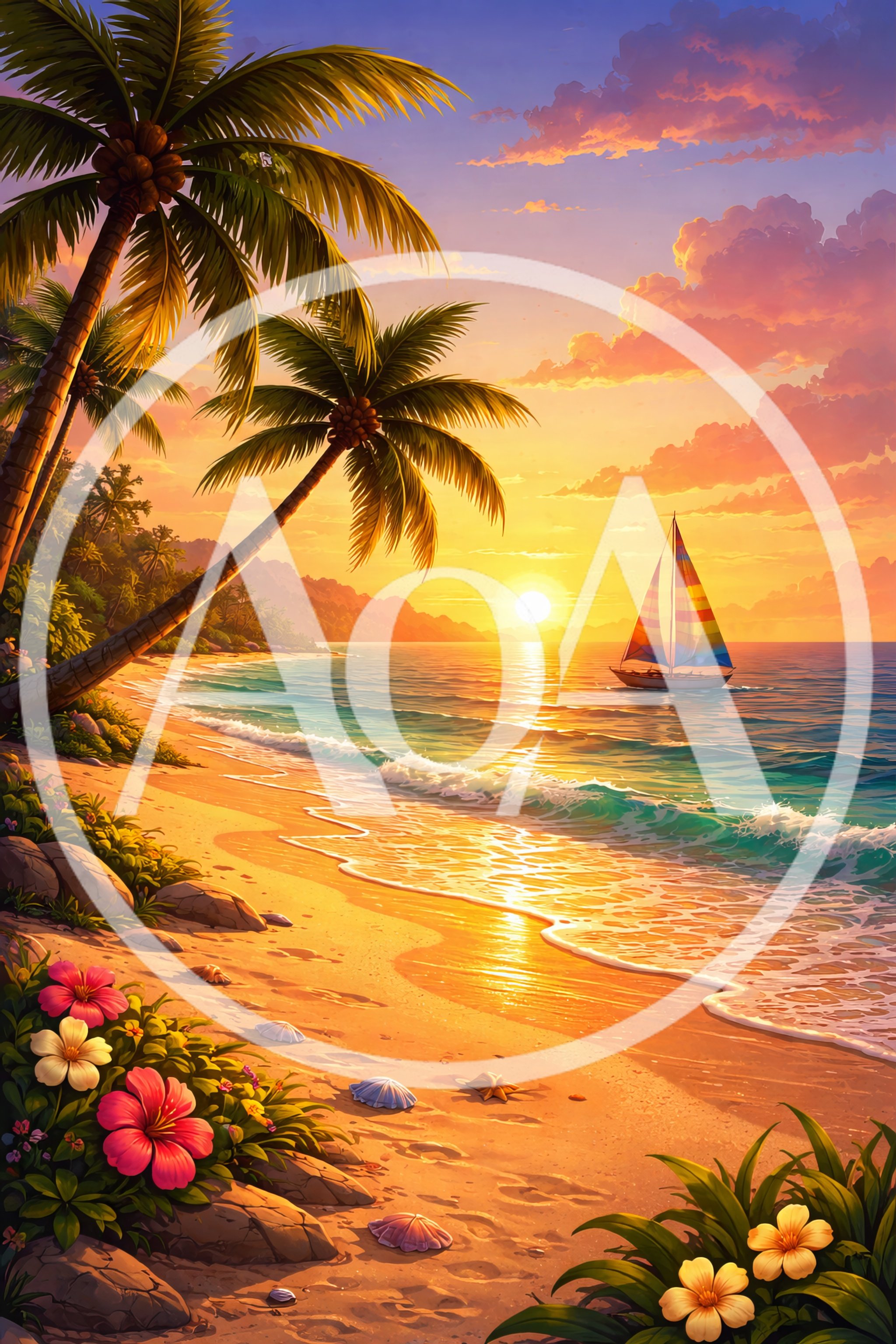 Tropical Beach Sunset With Sailboat And Palm Trees