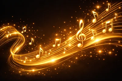 Golden Musical Notes Floating on Glowing Light Waves