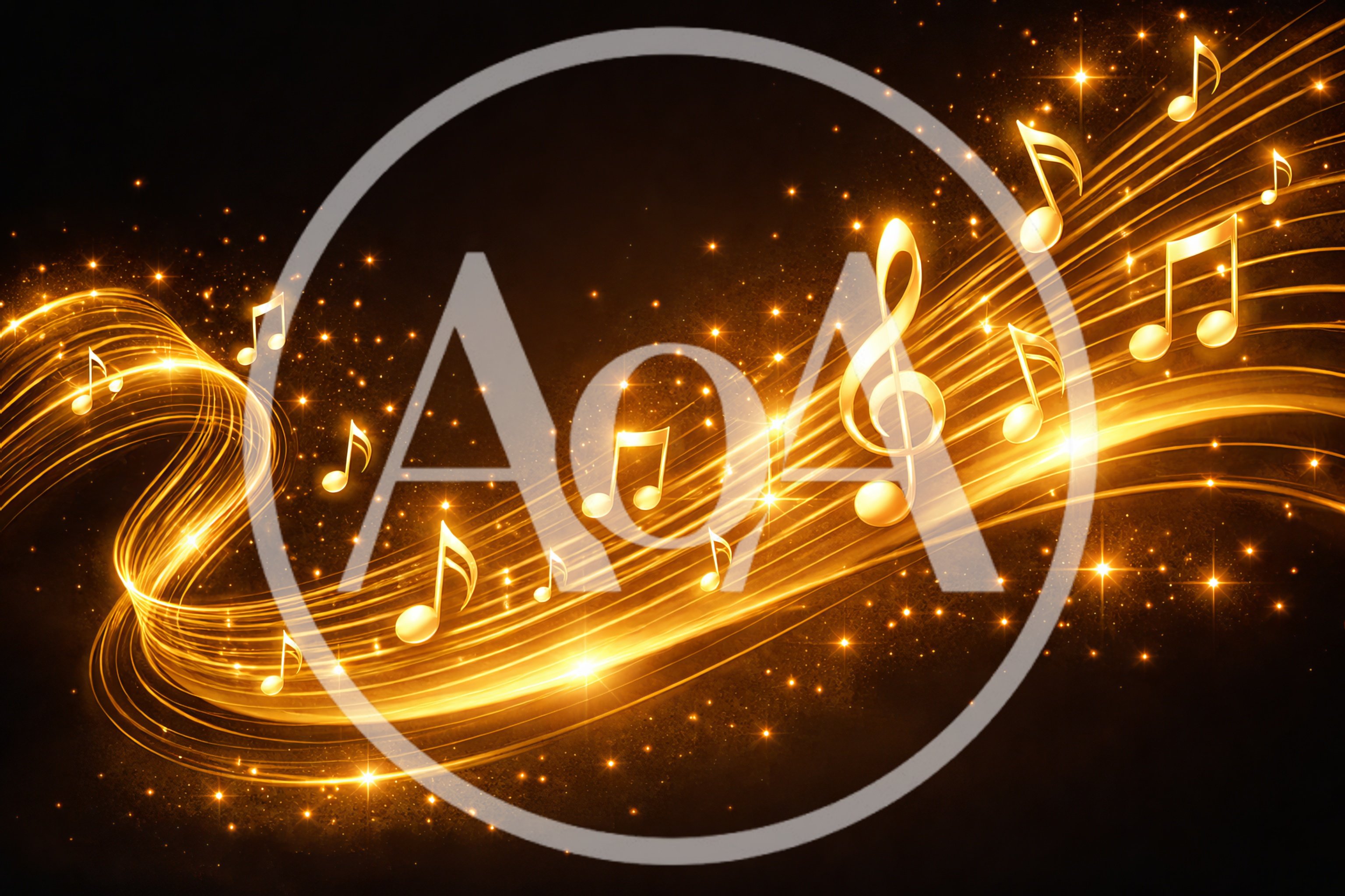Golden Musical Notes Floating on Glowing Light Waves