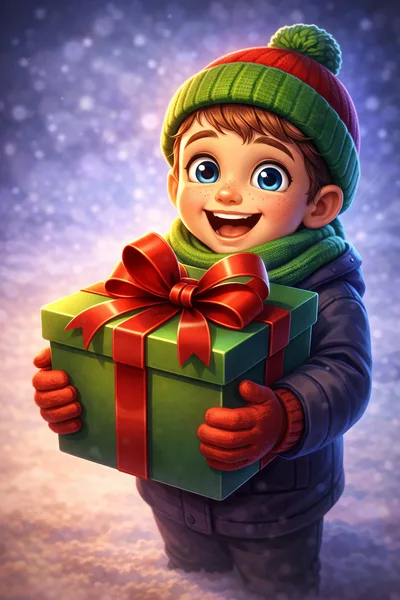 Happy Young Boy Holding A Christmas Gift