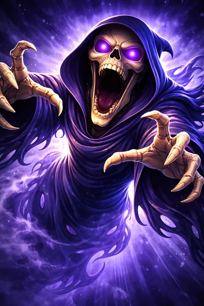 Spectral Skeleton Reaper With Glowing Purple Eyes