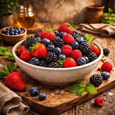 Fresh Mixed Berries in a Rustic Ceramic Bowl