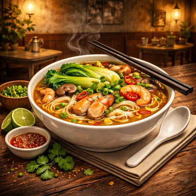Steaming Bowl Of Shrimp Noodle Soup