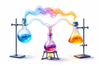 Scientific Experiment With Colorful Chemical Reactions In Glassware