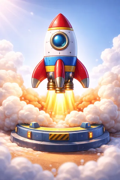Cartoon Rocket Ship Launching From Launchpad