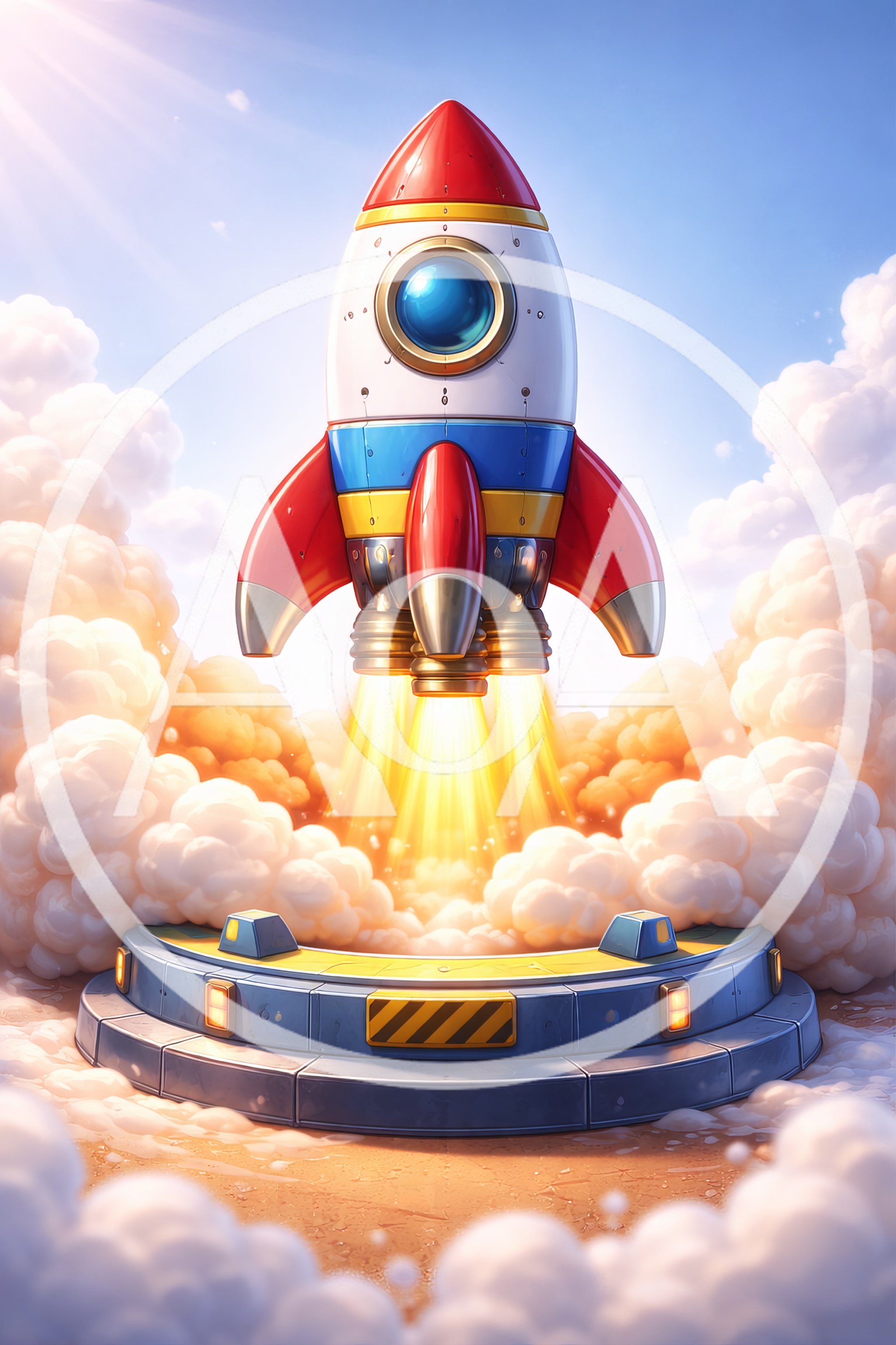 Cartoon Rocket Ship Launching From Launchpad