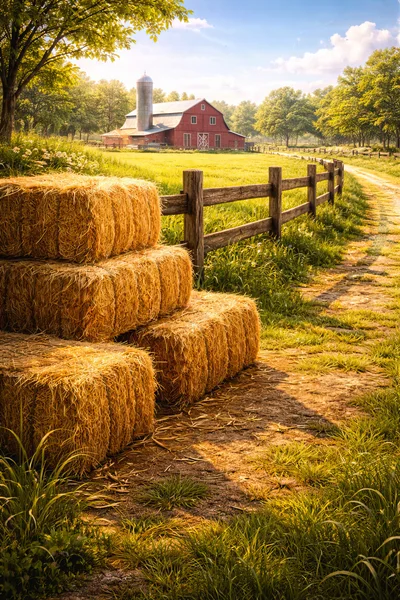 Stacked Hay Bales Beside A Rustic Farm Fence