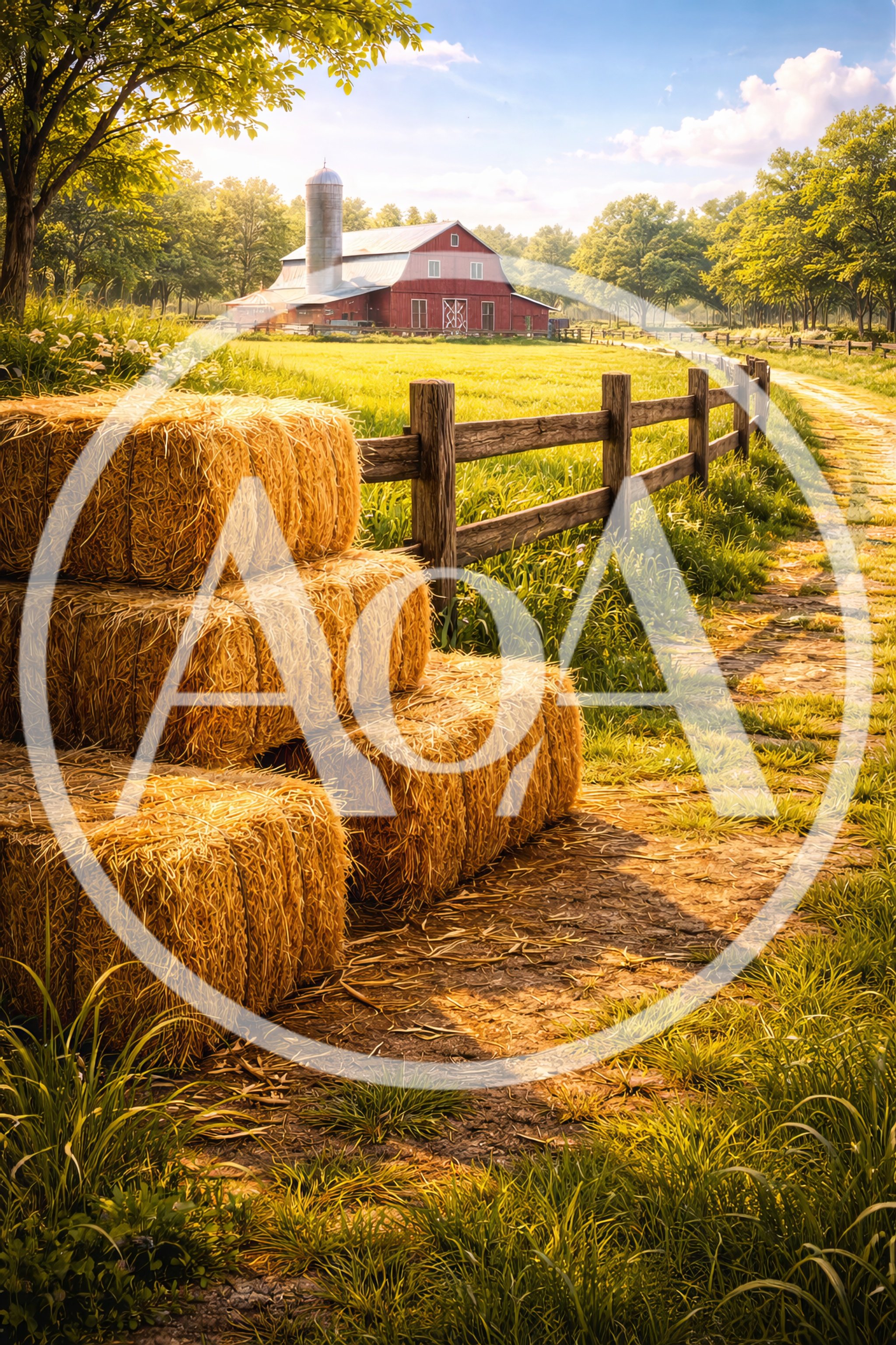 Stacked Hay Bales Beside A Rustic Farm Fence