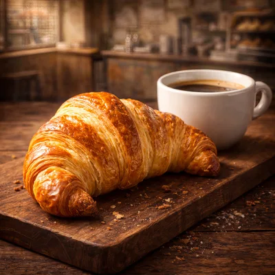Fresh Golden Croissant And Coffee On Wooden Board