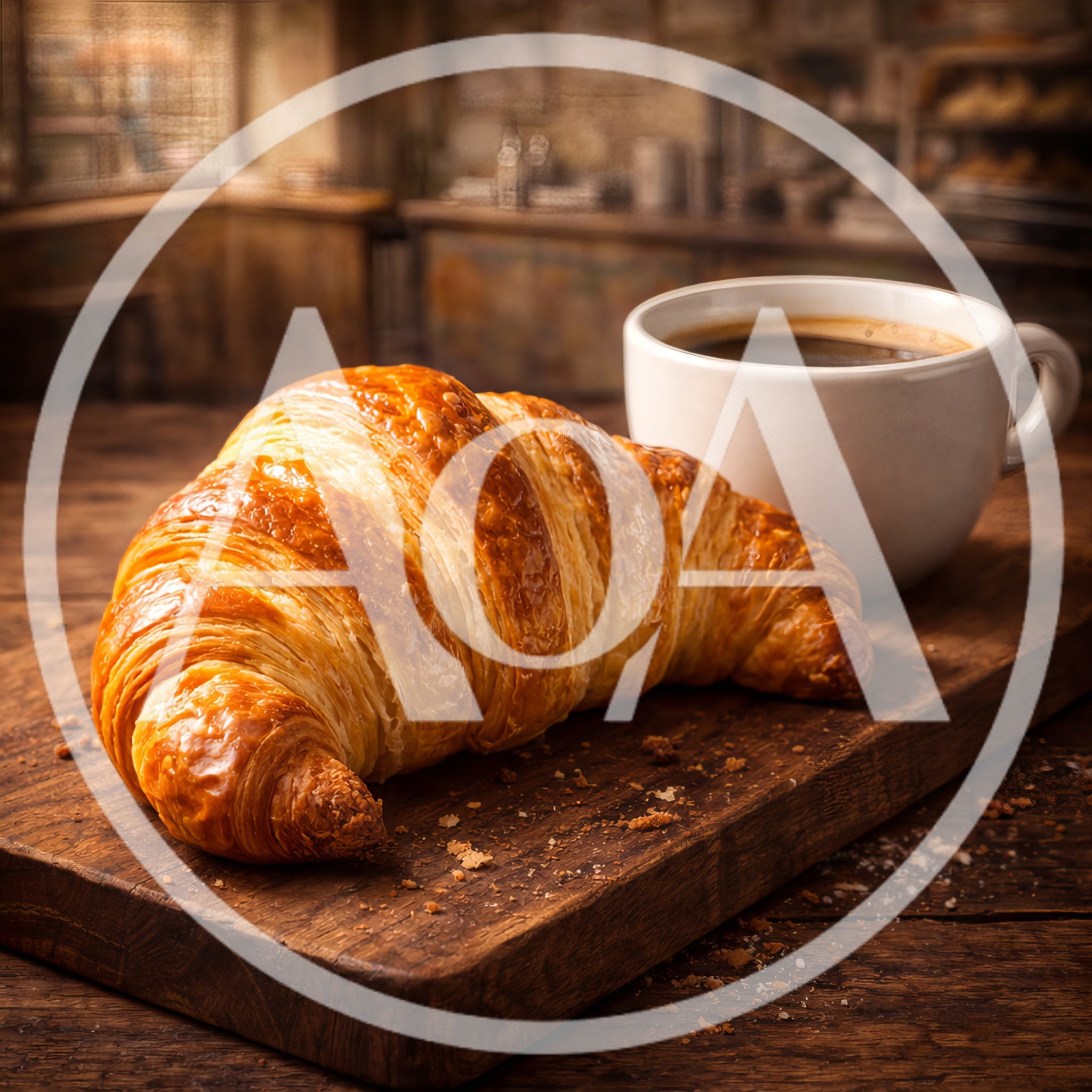 Fresh Golden Croissant And Coffee On Wooden Board