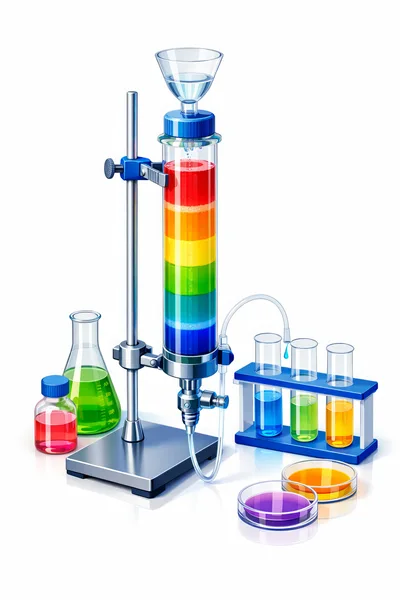 Laboratory Chromatography Column Setup with Colorful Chemical Samples