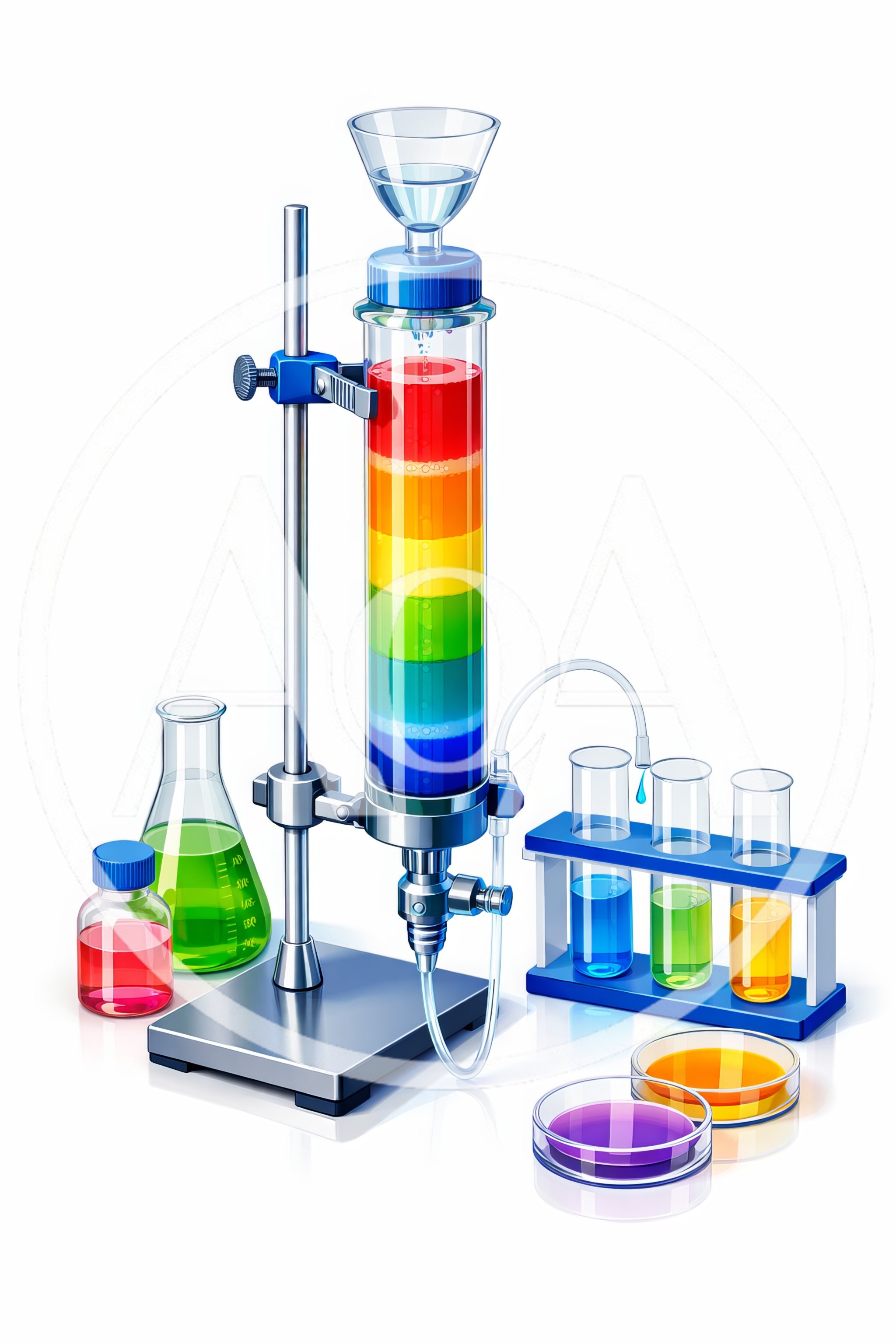 Laboratory Chromatography Column Setup with Colorful Chemical Samples