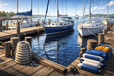 Sailboats Moored at a Wooden Marina Dock