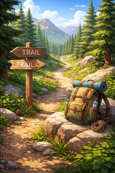 Hiking Backpack Resting On A Mountain Trail Signpost