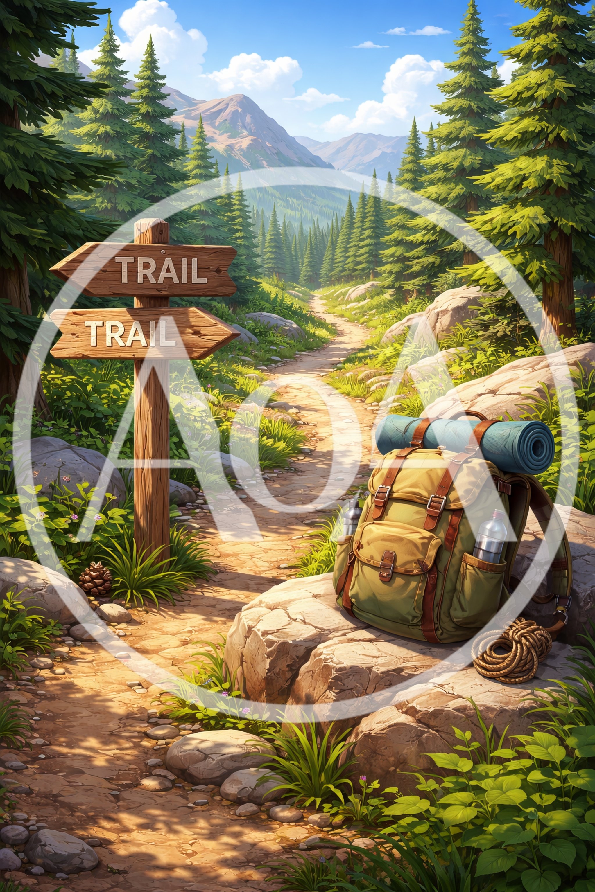 Hiking Backpack Resting On A Mountain Trail Signpost