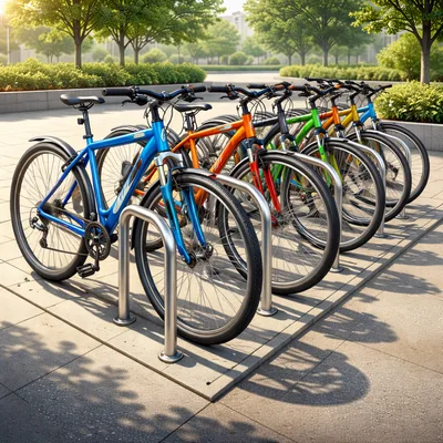 Row Of Colorful Bicycles Parked In Outdoor Rack