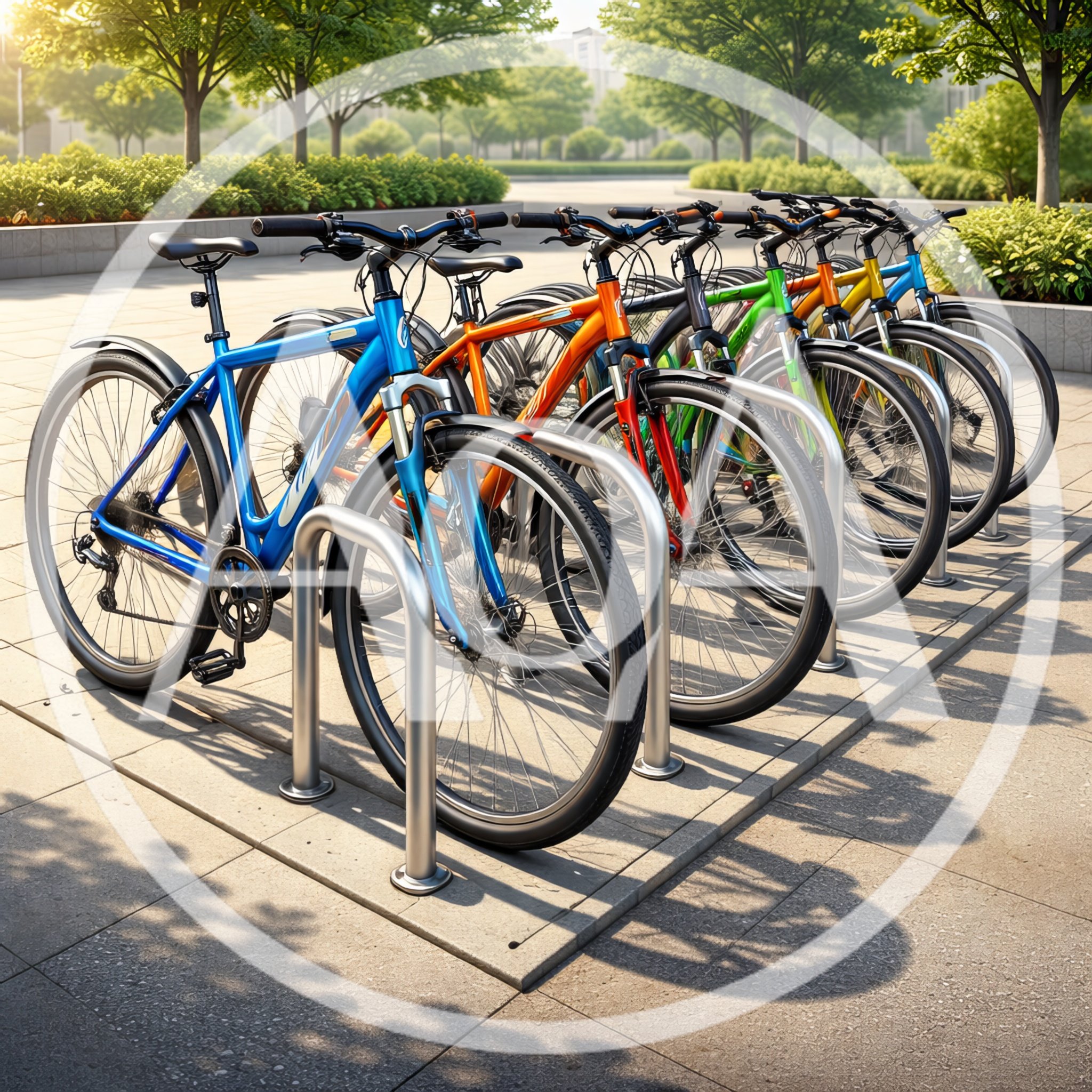 Row Of Colorful Bicycles Parked In Outdoor Rack