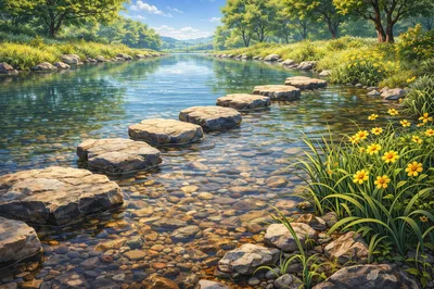 Stepping Stones Across A Serene Forest River