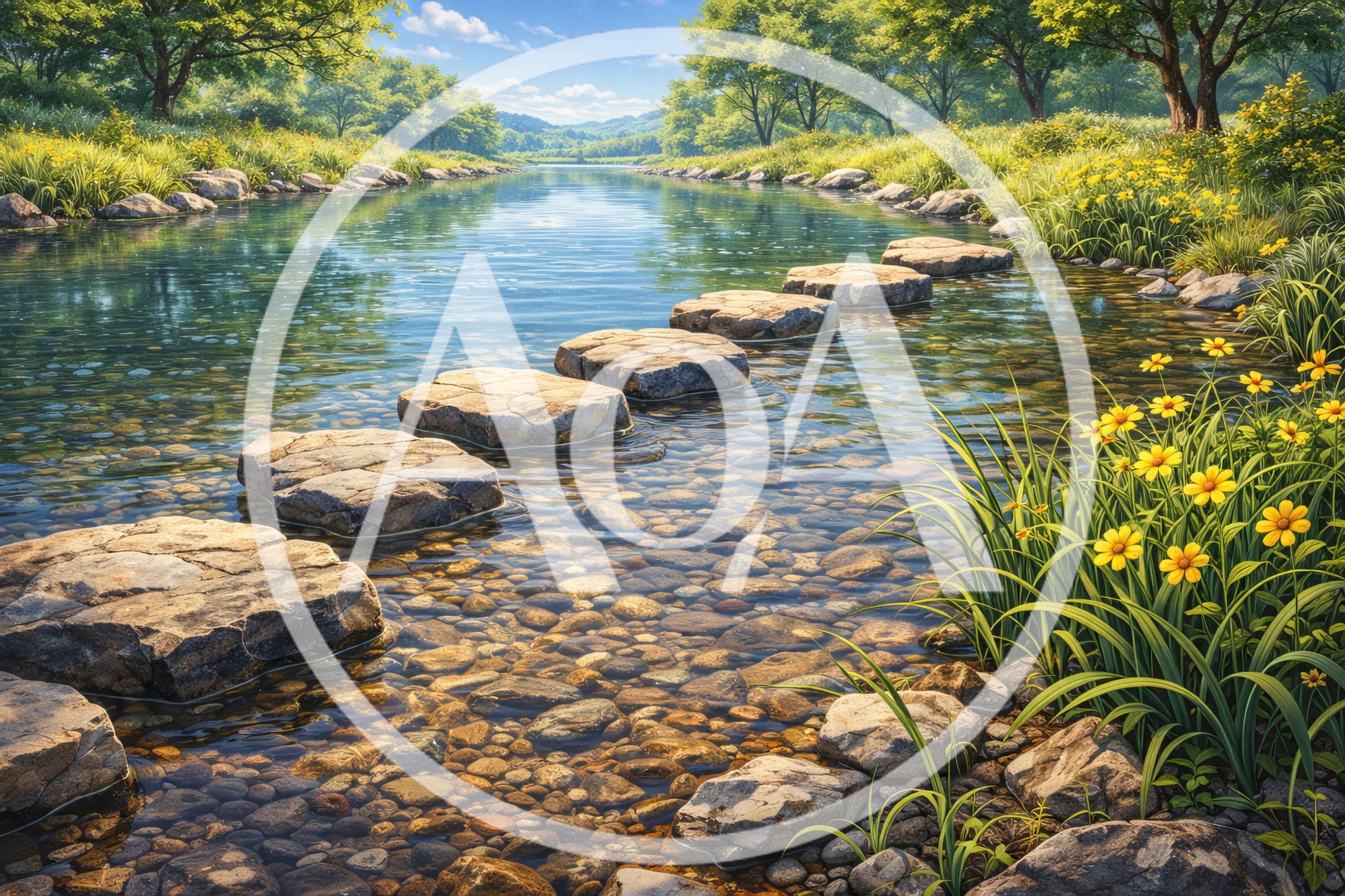 Stepping Stones Across A Serene Forest River