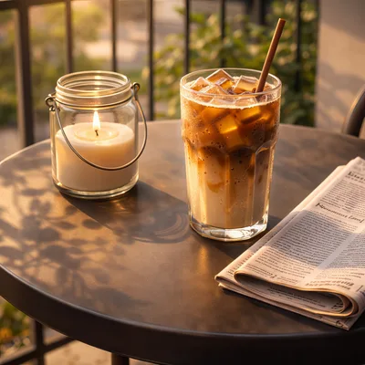 Iced Coffee And Candle On A Balcony Table