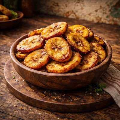 Bowl Of Roasted Sliced Plantains On Wooden Table