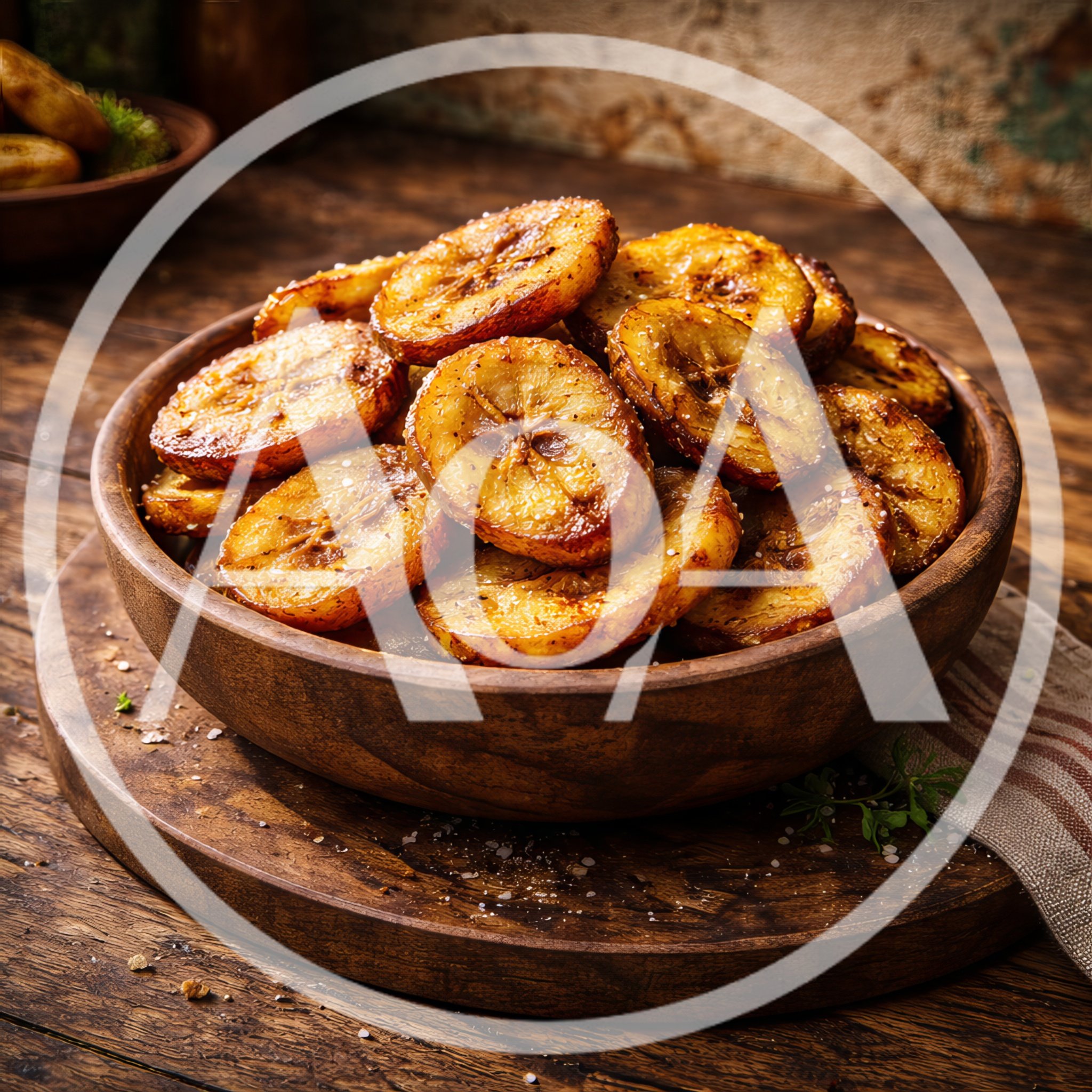 Bowl Of Roasted Sliced Plantains On Wooden Table