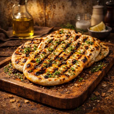 Grilled Flatbread With Herbs On Wooden Board
