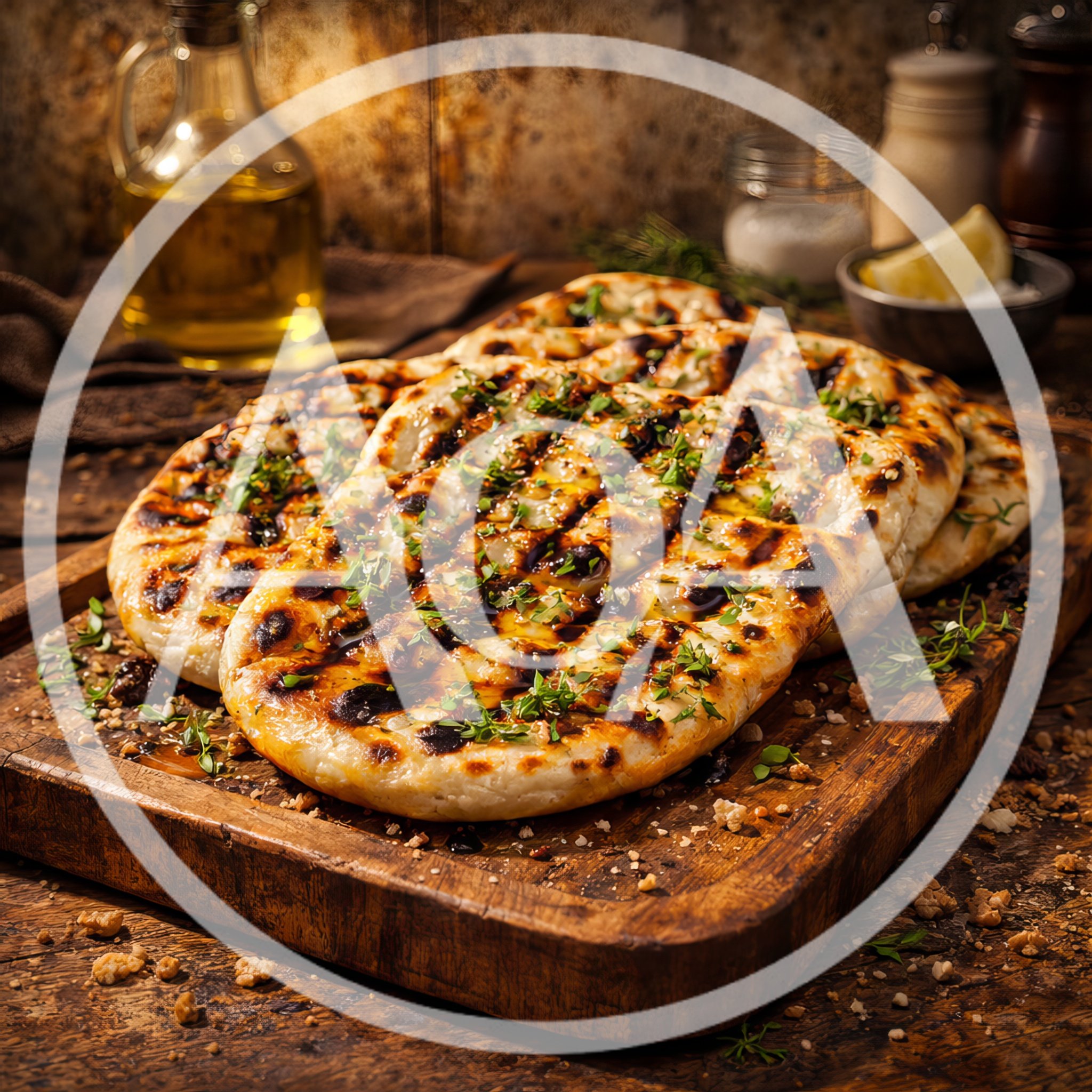 Grilled Flatbread With Herbs On Wooden Board