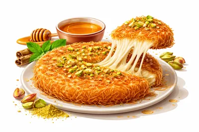 Traditional Kunafa Dessert With Melted Cheese And Pistachios