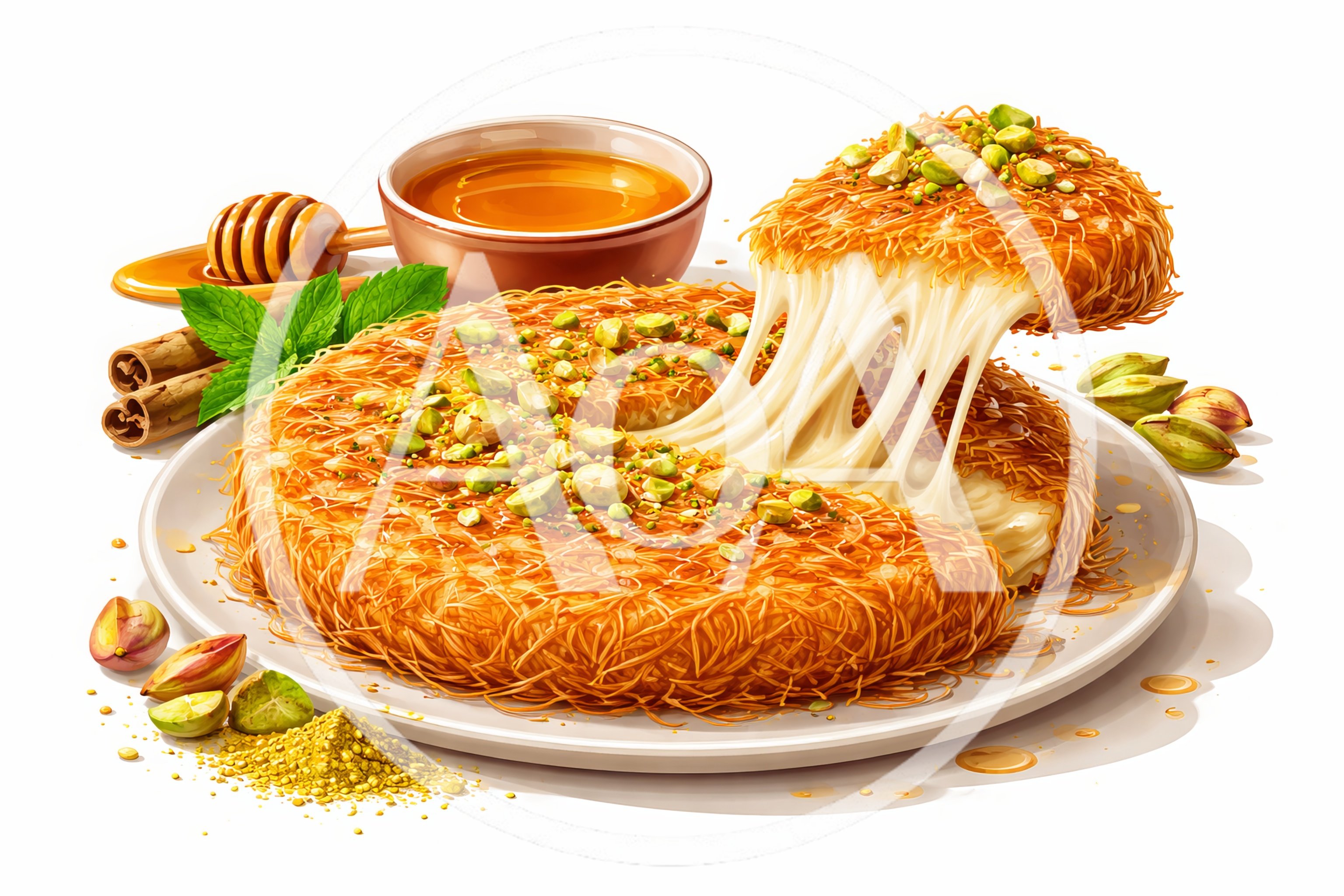 Traditional Kunafa Dessert With Melted Cheese And Pistachios